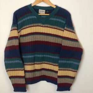 Vintage Wool Striped V neck Pullover Sweater 70s 80s Women L